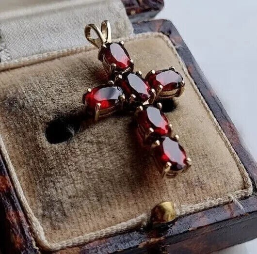 3Ct Oval Cut Simulated Red Garnet Religious Cross Pendant 14k Yellow Gold Plated