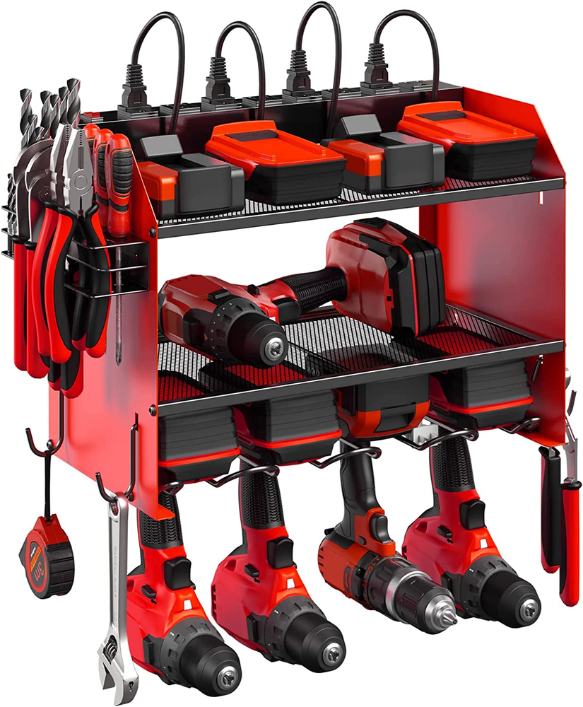 Wall-Mounted Modular Power Tool Organizer with Charging Station for 4 Garage Drills