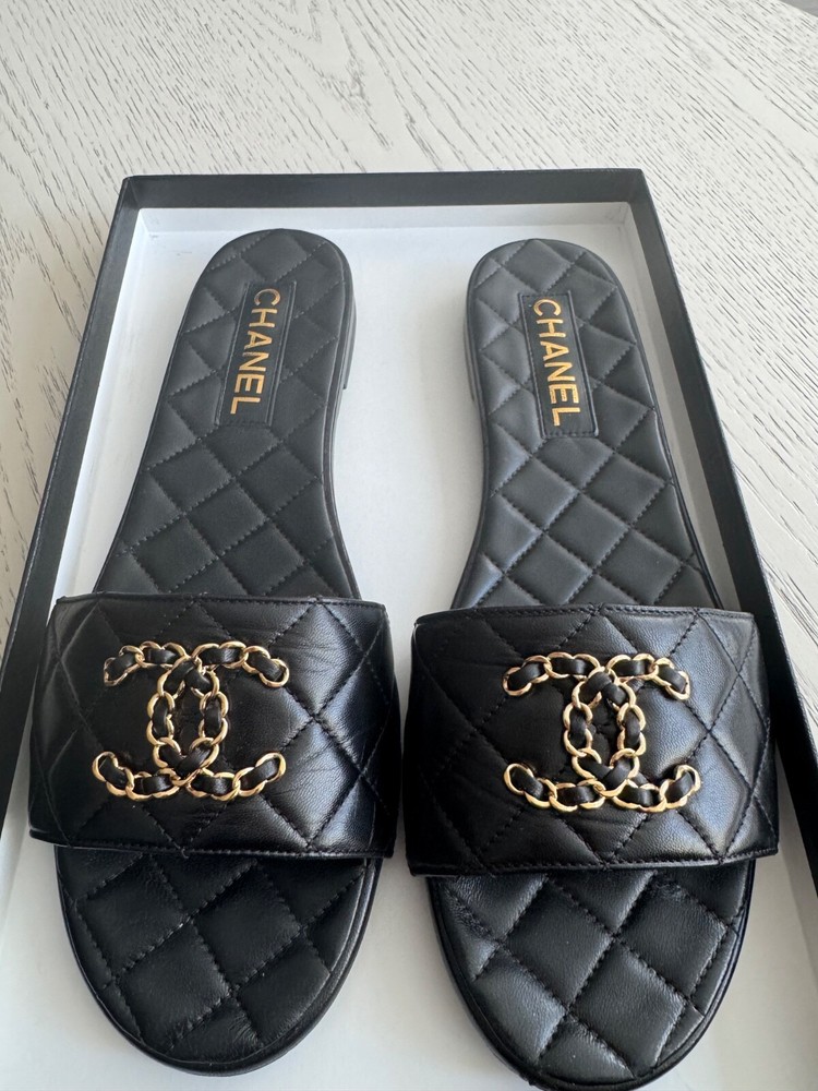CHANEL Black Gold CC Logo Chain Mules Slide Sandal Size 40.5EU with Receipt