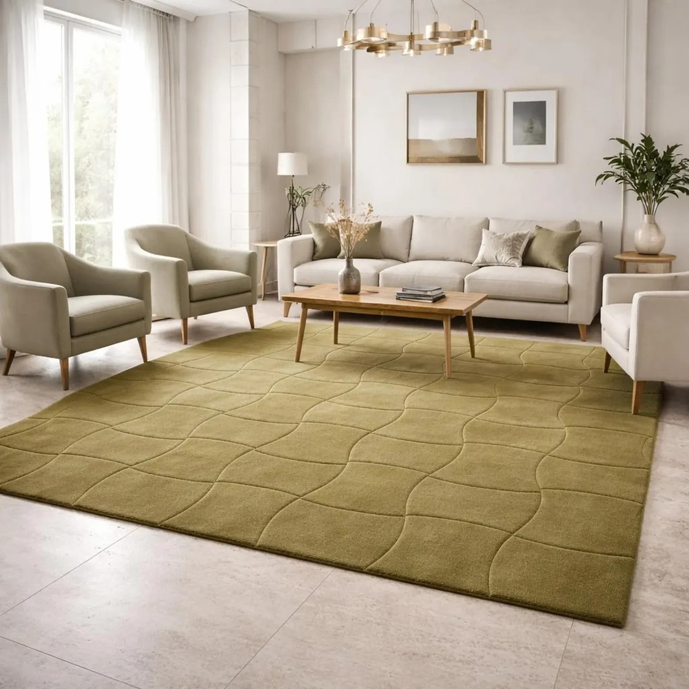 Hand Tufted Modern Green Area Rug, Luxury Abstract Wave Pattern Rug,
