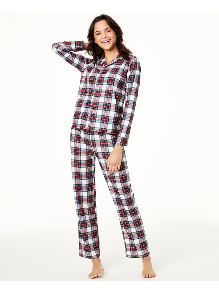 Women's White Plaid Knit Pajama Set with Top and Straight-Leg Pants in XS