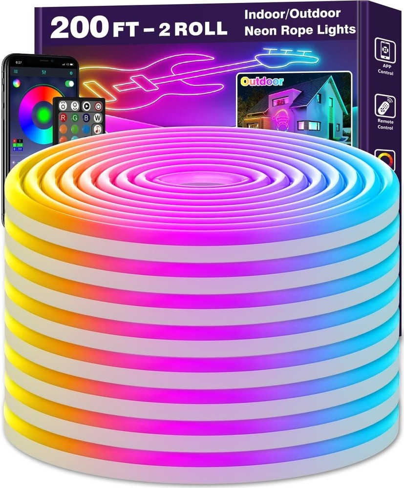 200Ft LED Neon Rope Lights, Music Sync Waterproof IP65 Outdoor/Indoor RGB Strip