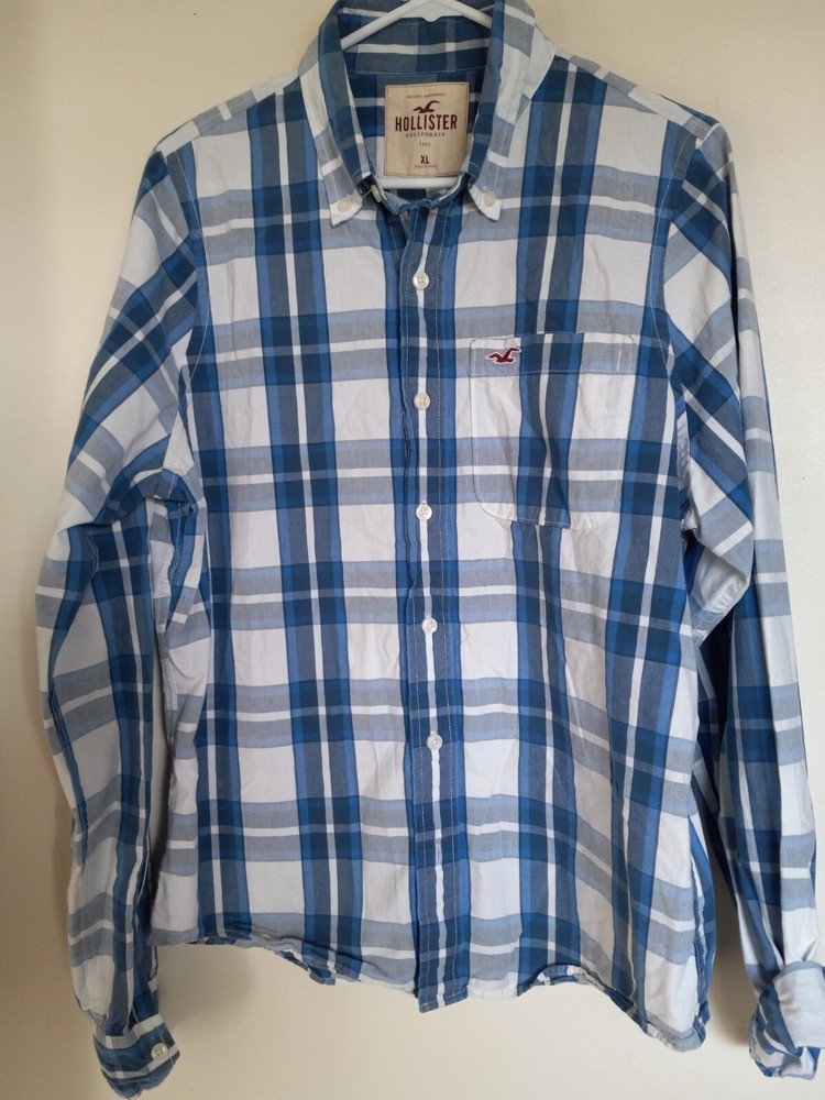 Hollister Shirt Mens XL Plaid Button Down White Blue Classic Fit Pocket Logo