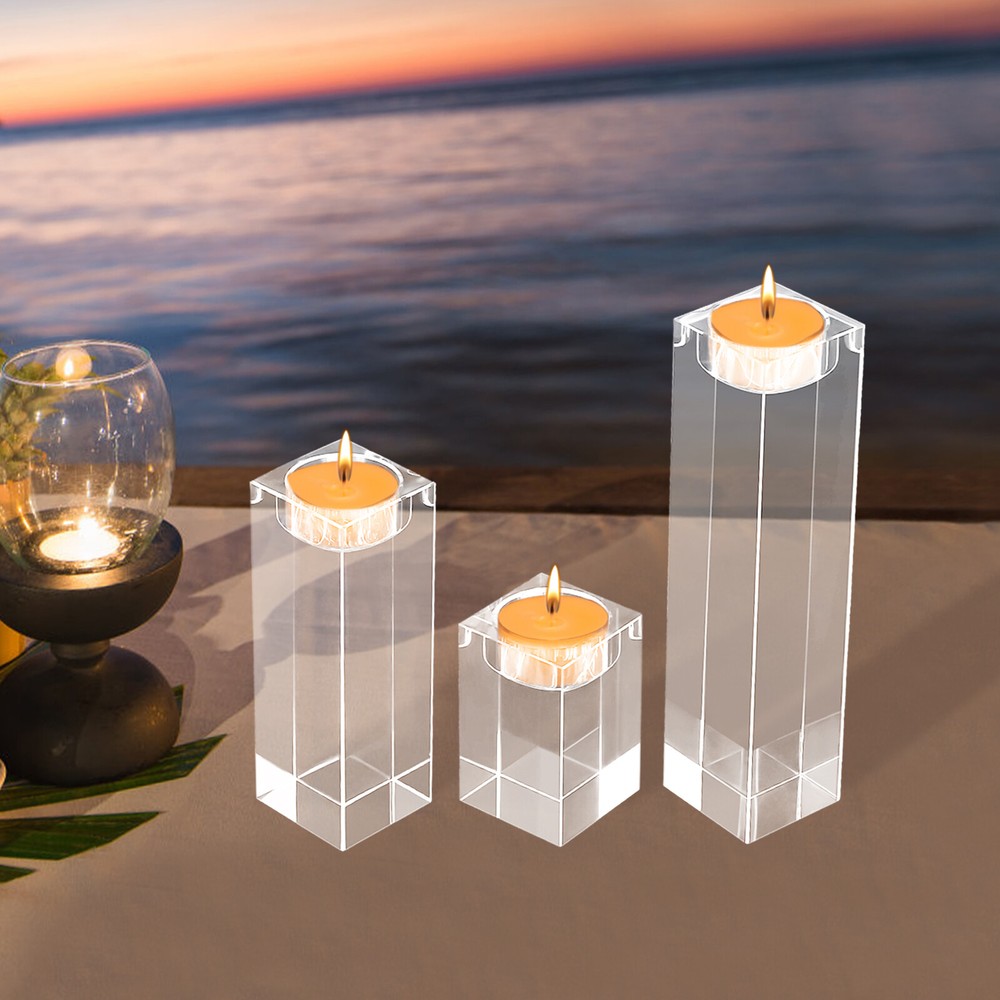 3Pcs Crystal Candle Holders Square Home Decor Centerpiece Tealight Holder Set