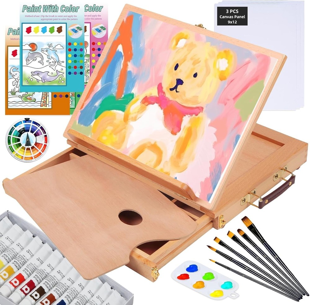 Complete Acrylic Painting Set: Easel, Brushes, Canvas & 12 Paints - Travel Ready