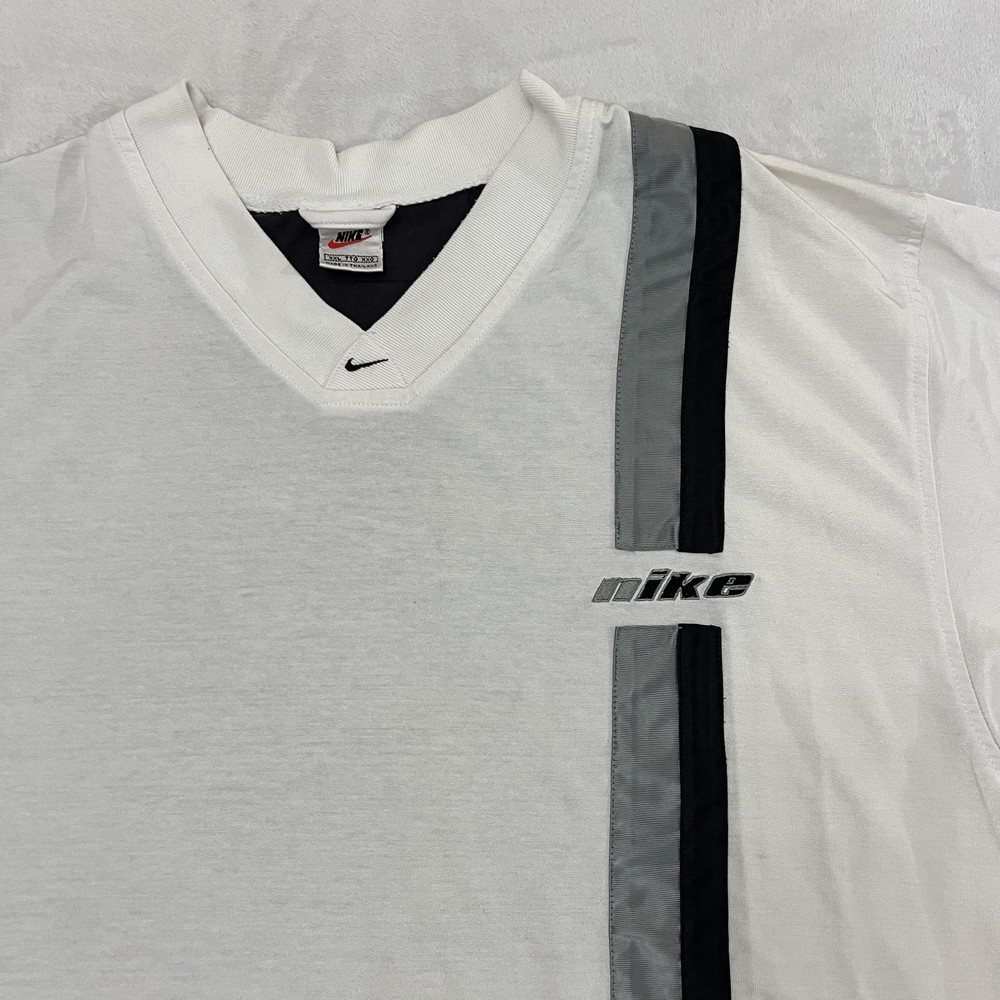 Vintage Nike Shirt Mens 2XL White Black V Neck Jersey Embroidered Logo 90s