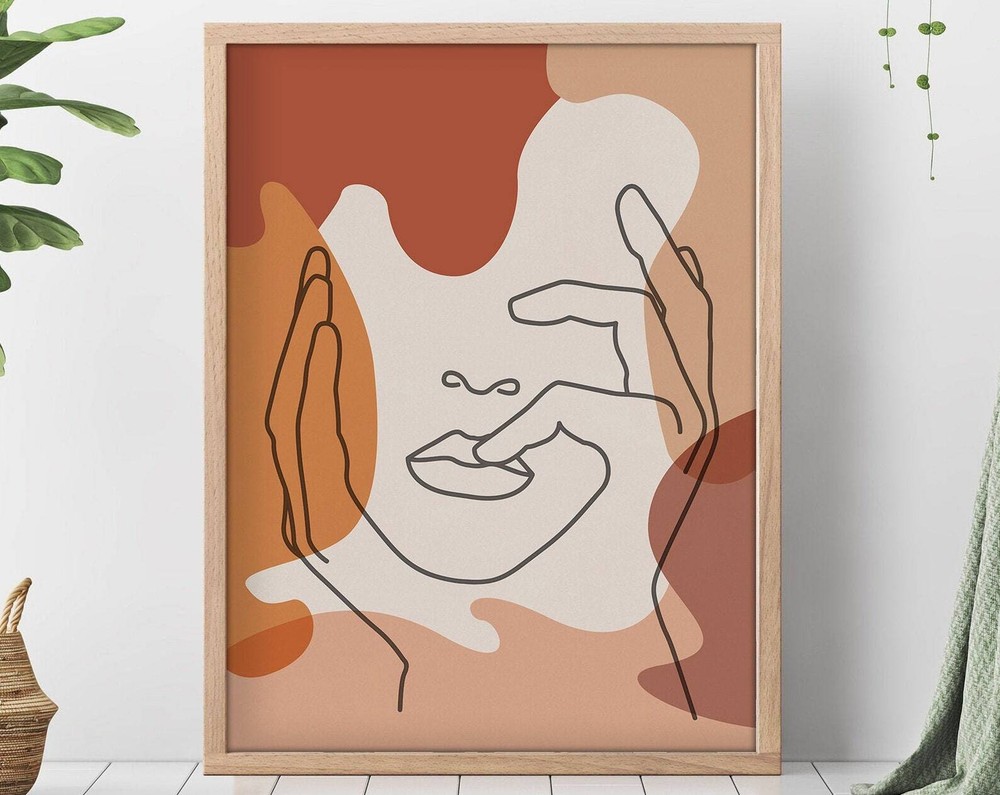 Midcentury Modern Art Boho Burnt Orange Abstract Face Fine Line Art Print Line