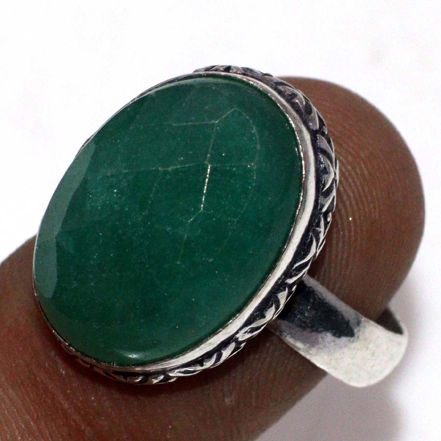 925 Silver Plated Emerald Ethnic Ring Size US 9 Jewelry