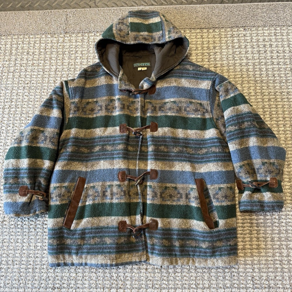 Vintage New Crew USA Made Wool Toggle Duffle Coat Men’s L Hooded Aztec Stripe
