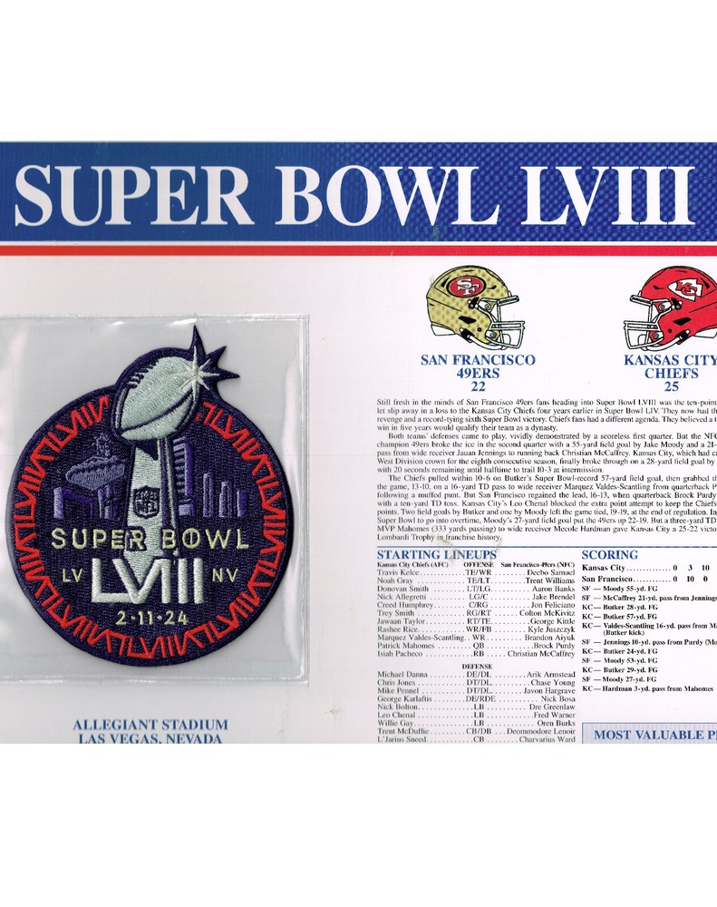 2024 NFL  SUPER BOWL LVIII  KANSAS CITY CHIEFS PATCH W/ STATS CARD