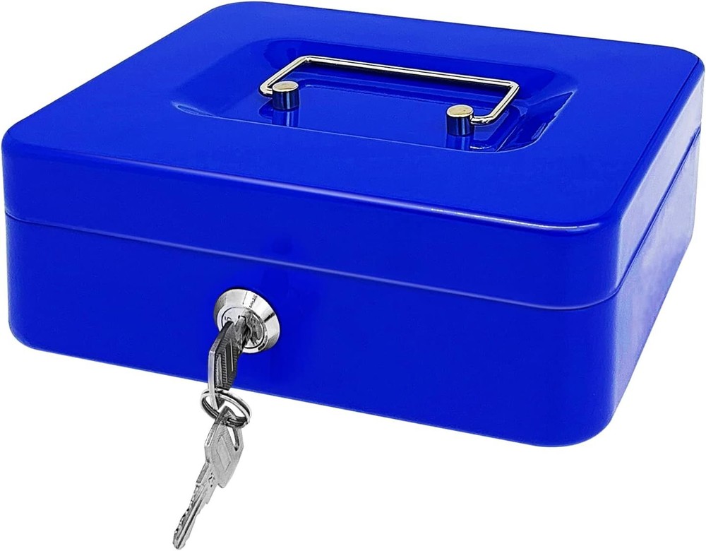 Steel Cash Box with Key Lock Small Metal Money Safe Blue 9.8x7.8x3.3 Inches