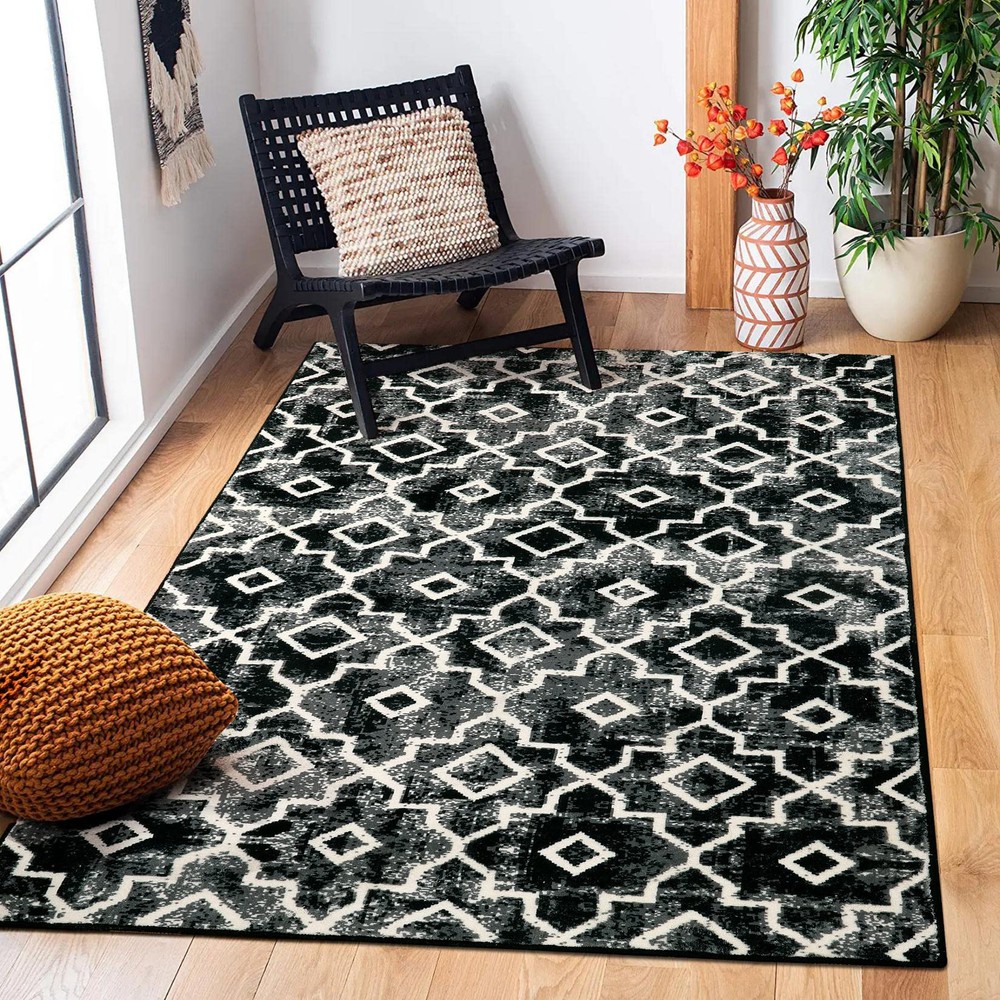 Moroccan Washable Area Rug - Bedroom 3x5 Black Rug Non-Slip Distressed Entry ...