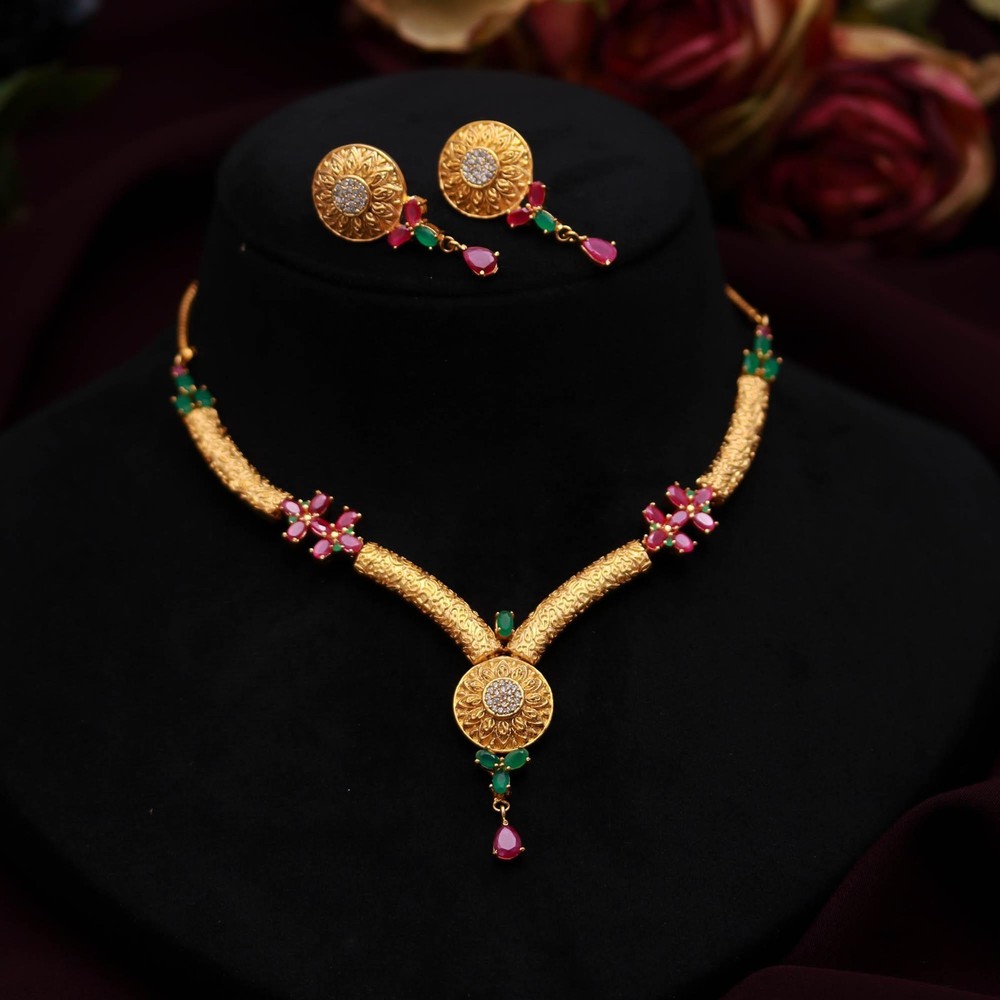 Emerald Ruby Pear Cut Necklace Earrings  Set Gold Plated Bridal Wedding jewelry