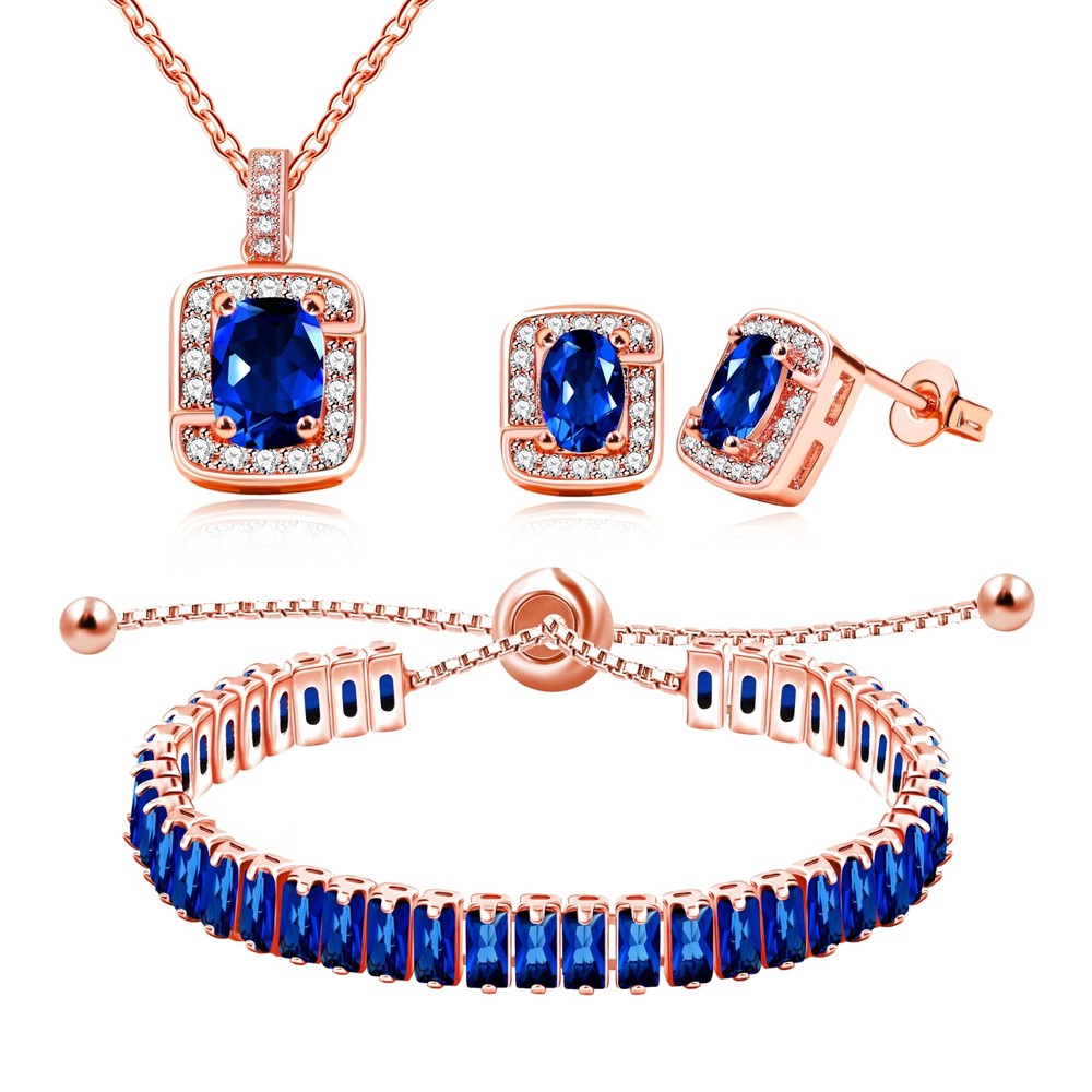 Rose Gold Plated Cubic Zirconia Stud Earrings Rectangular Necklace Baguette T...