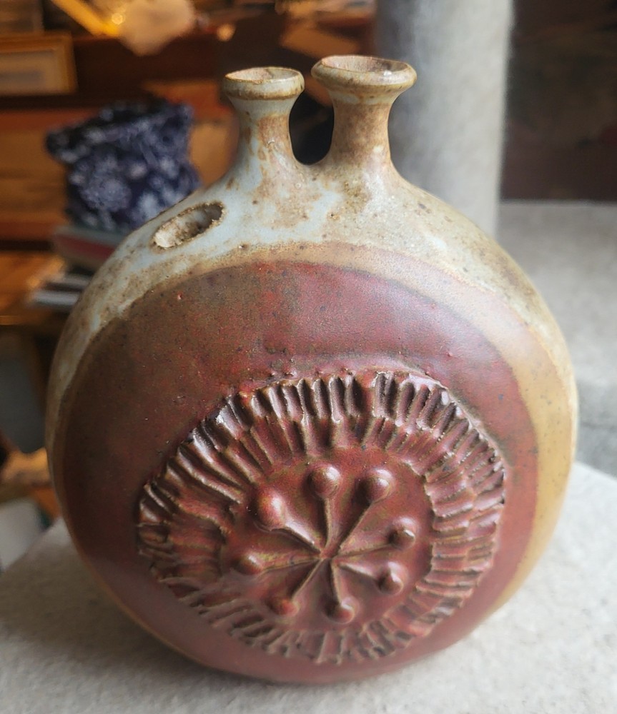 Vintage Warren Hullow Brutalist Art Pottery Decorated Stoneware Vase