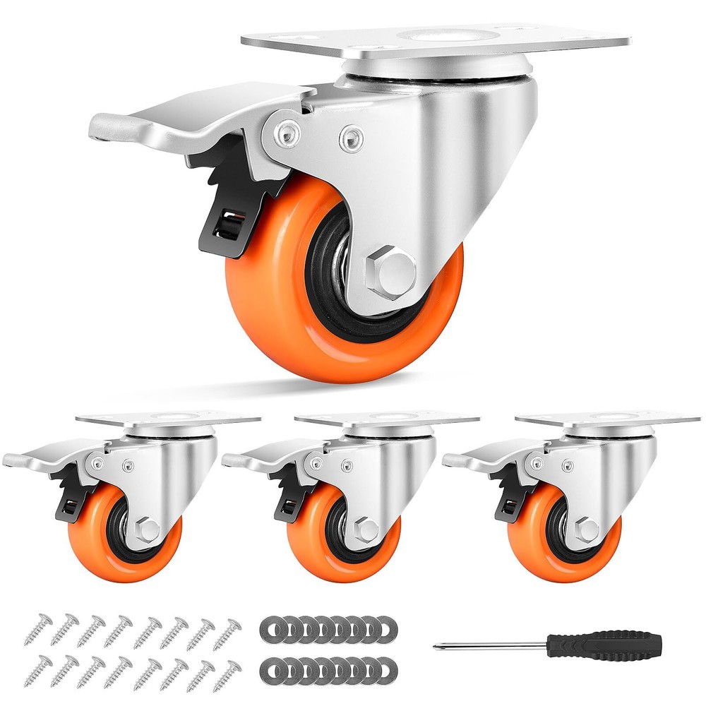2 Inch Heavy Duty Swivel Plate Caster Wheels with Safety Locking Brake - Load...