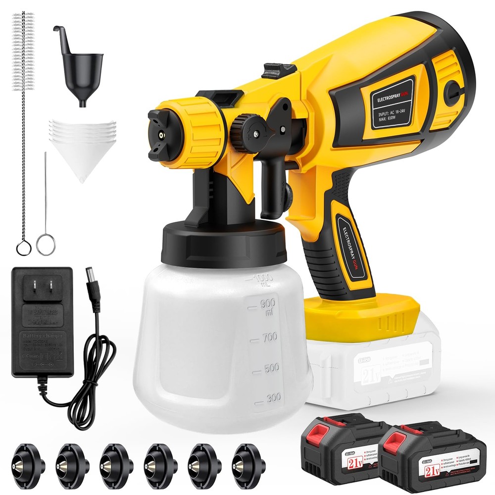 650W Cordless Paint Sprayer with 2 Batteries, 6 Nozzles & 3 Spray Modes