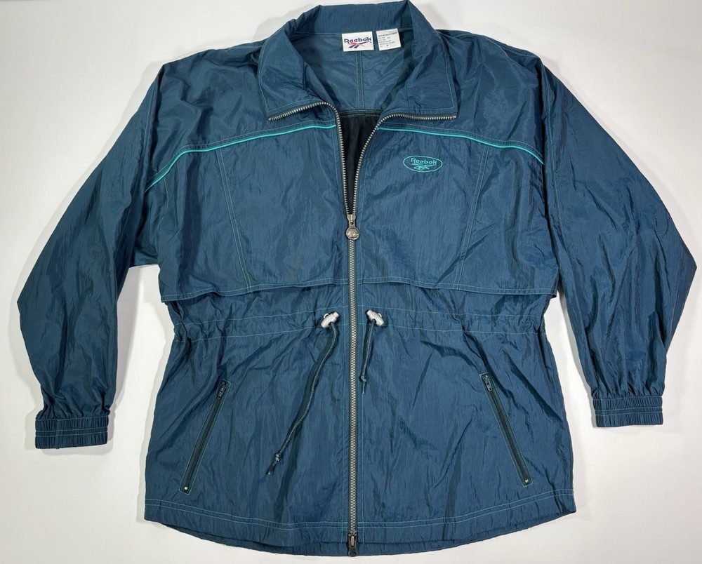 Vintage Reebok Jacket Medium Teal Nylon Full Zip Windbreaker Vented 90s