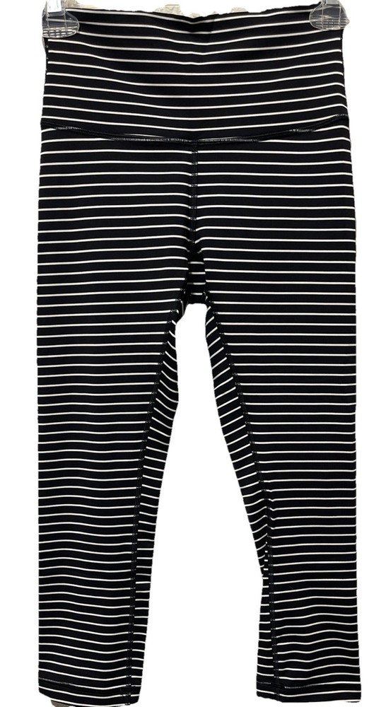 Lululemon Women's Wunder Under Crop Black White Horizontal Stripe Legging Size 4