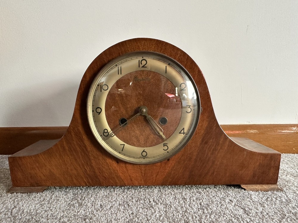 German Forestville Shelf Mantle Clock 8-Day Time and Chime 4 Jewel Vintage