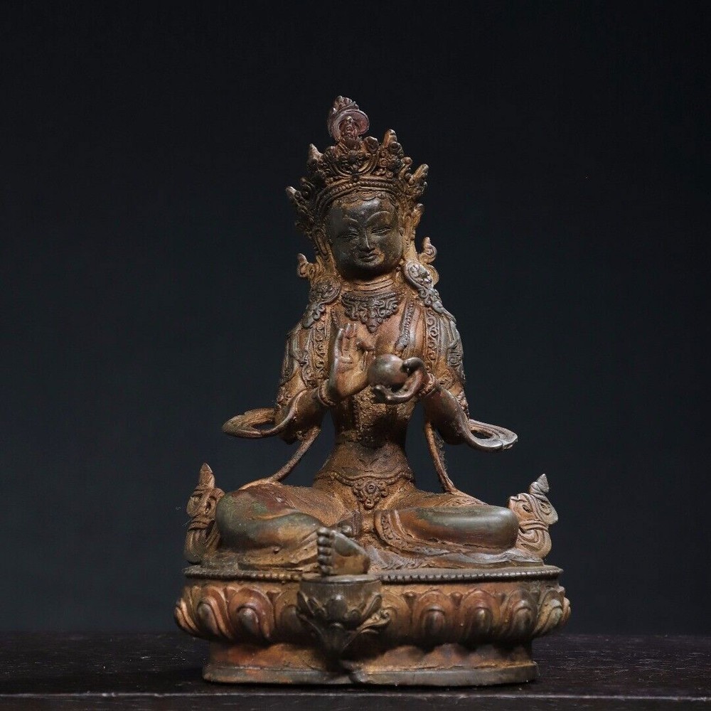 8.3 Inch Antique Tibetan Bronze Gilt Green Tara Buddha Statue for Temple