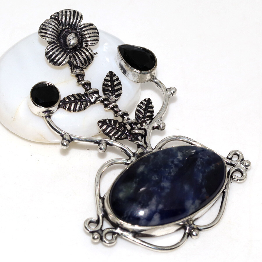 Sodalite Black Onyx 925 Silver Plated Flower Leaf Gemstone Pendant 2.2