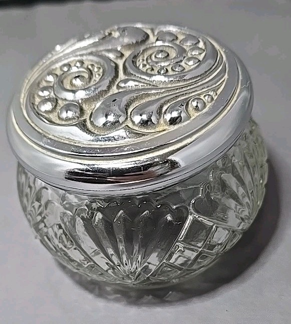Avon rich moisture cream empty Glass Vanity Jar With Ornate Silver Lid vintage