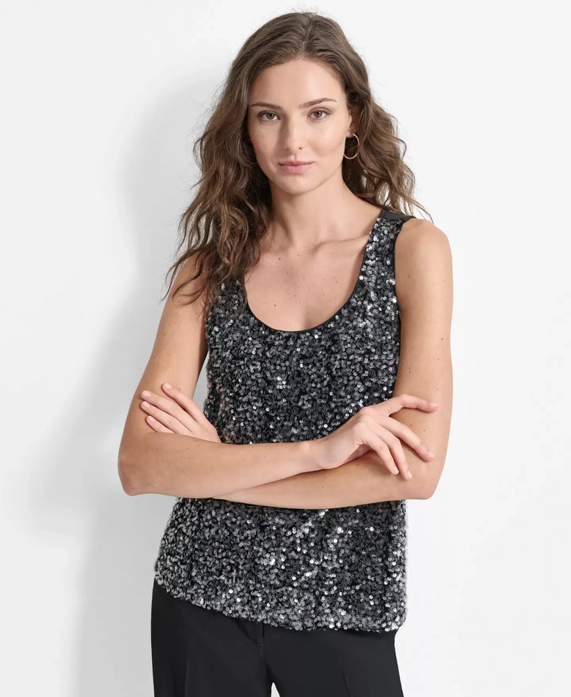 DKNY Women's Top Sz S Sequined Scoop-Neck Sleeveless Tank Sage