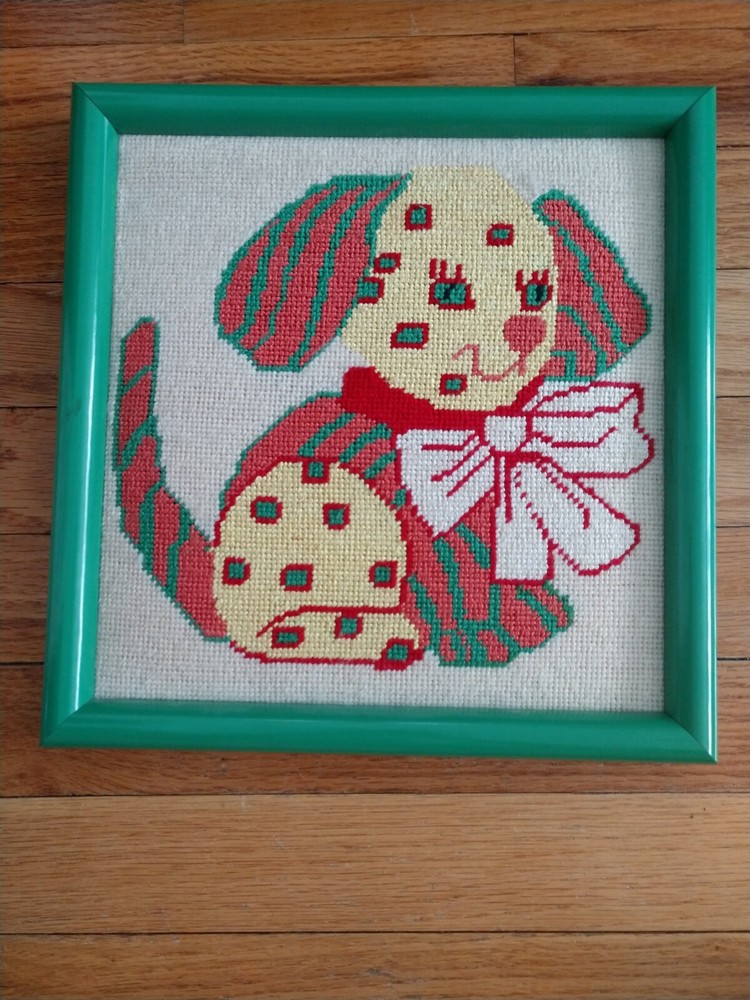 Vintage colorful puppy needlepoint art with bow in 11x11 frame