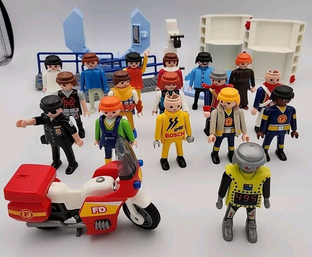 Lot Of Playmobil Figs 1970's-90's & Police Station Prison Parts & FD Motorcycle