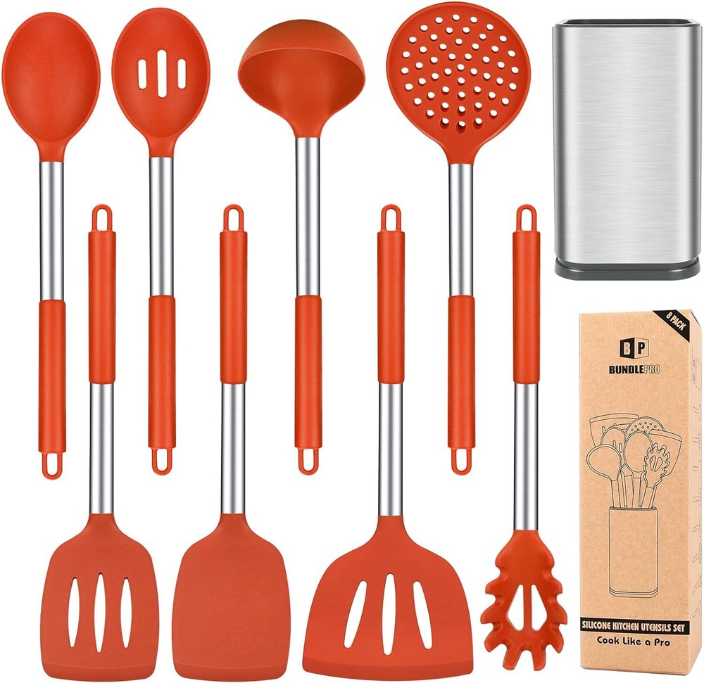 Silicone Cooking Utensil Set, 8Pcs Non-stick Cookware with Stainless Steel BPA