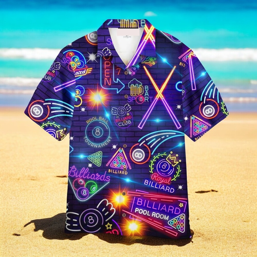 Billiards Pool Room Neon Hawaiian Shirt For Men US Size Summer Style New