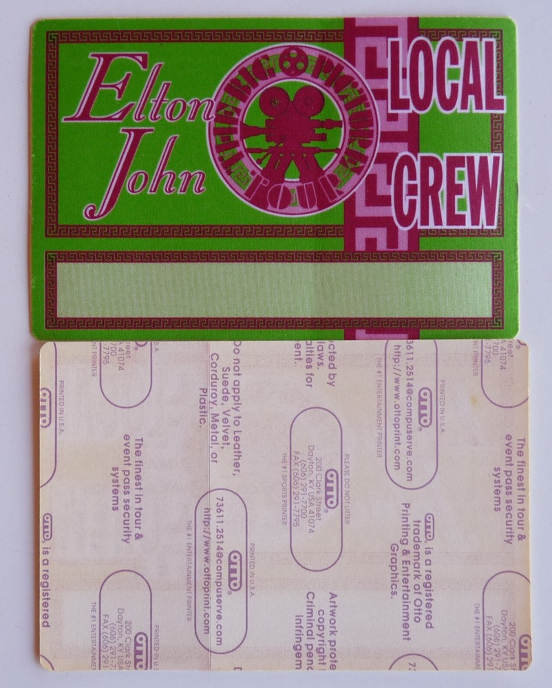 Elton John Big Picture 1998 Concert Tour Green Crew Backstage Pass D23