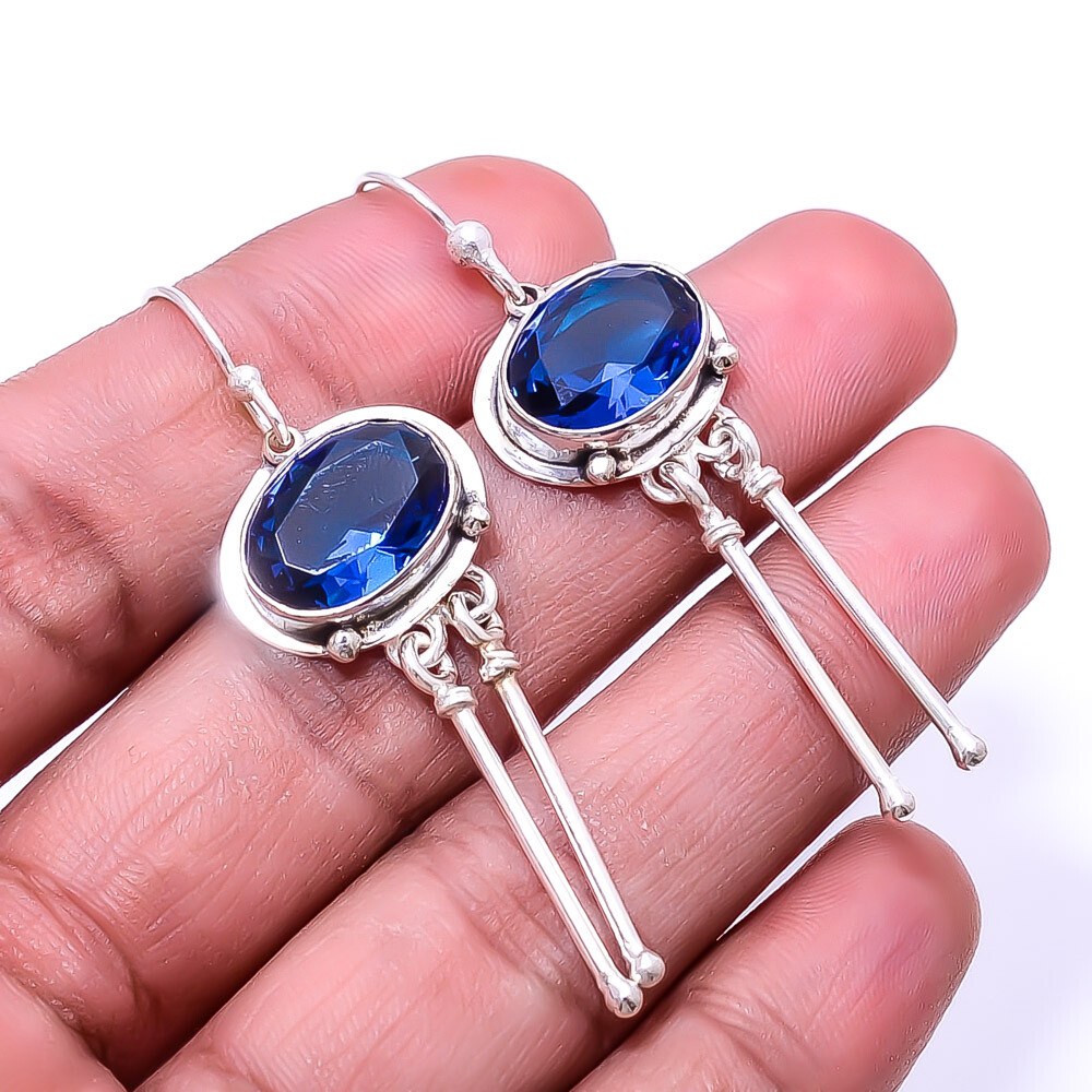 Blue Sapphire (Simulated) 925 Sterling Silver Handmade Earring 2.22
