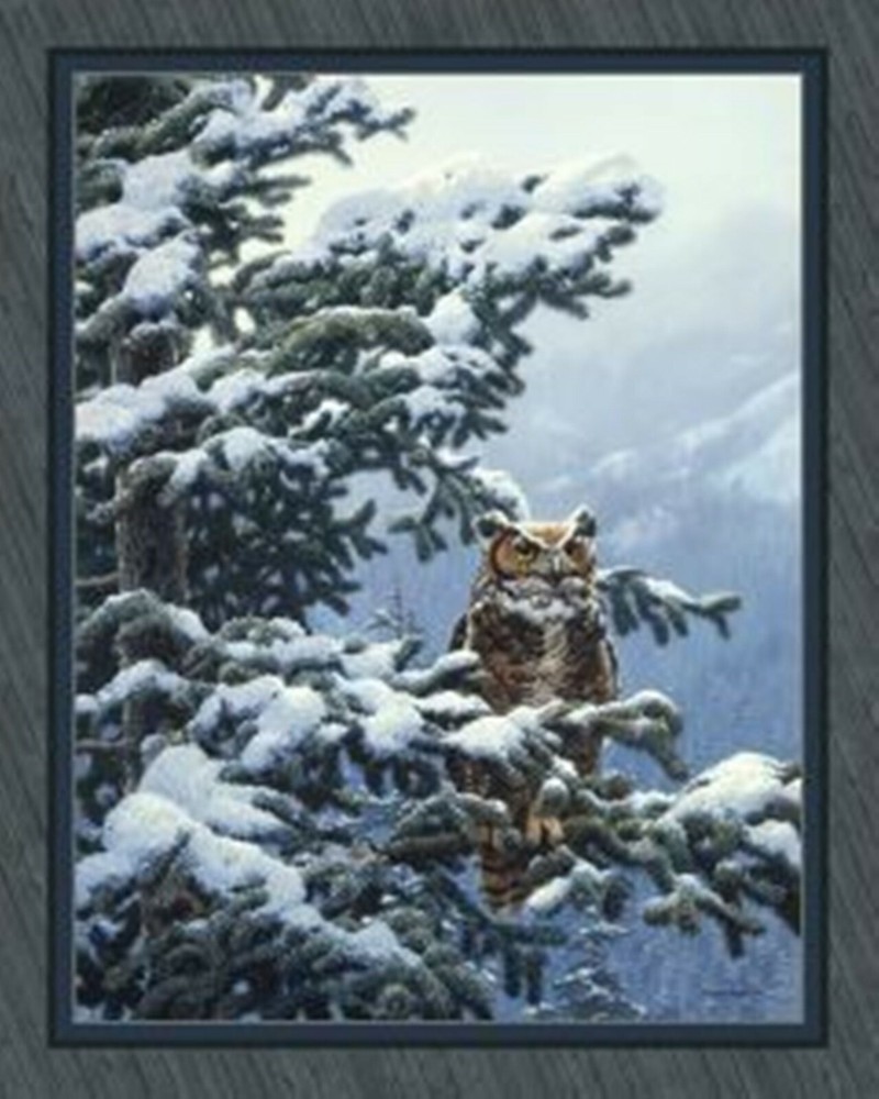 Great Horned Owl Winter Vigil Quilt Top Wall Hanging Panel Fabric