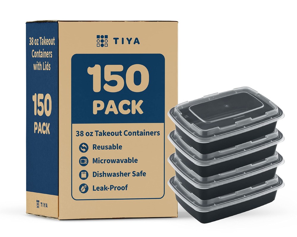 Tiya 38oz Bulk 150-Pack Takeout Containers with Lids - Rectangular Plastic Food Storage