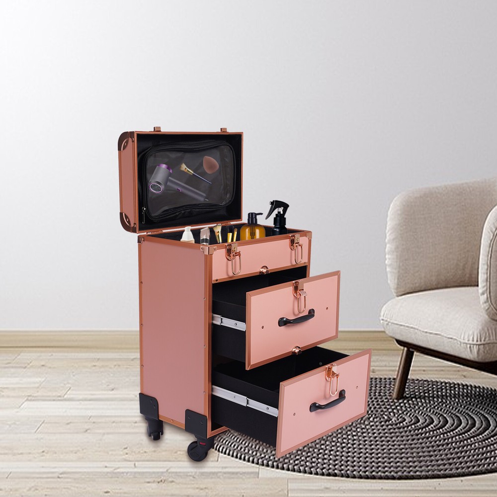 1*Alu Travel Rolling Makeup Train Case Cosmetic Trolley Makeup Storage Organizer