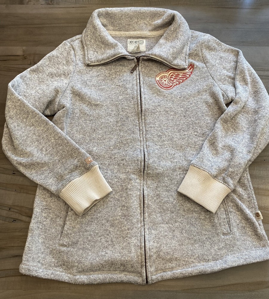 NHL Detroit Red Wings Vintage style CCM Gray Knit zip-up, womens sz large, EUC