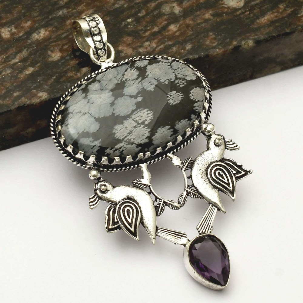 Snowflake Obsidian Amethyst Gemstone Handcrafted Bird Pendant Necklace 3 Inches AP-42996