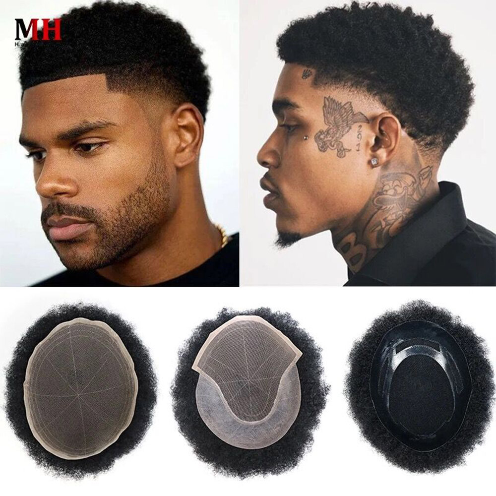 Afro Curly Human Hair Toupee for Men Hairpiece American Replacement System Wig