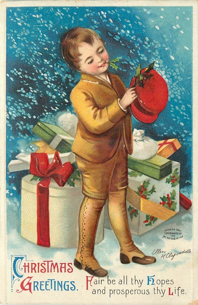 c1910 Clapsaddle gifts Christmas boy International Art #1045 Postcard 25-1023