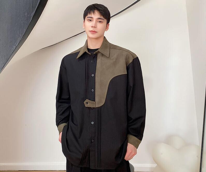 Men's Spring New Fashion Lapel Long Sleeve Color Matching Shirt Casual Blouses