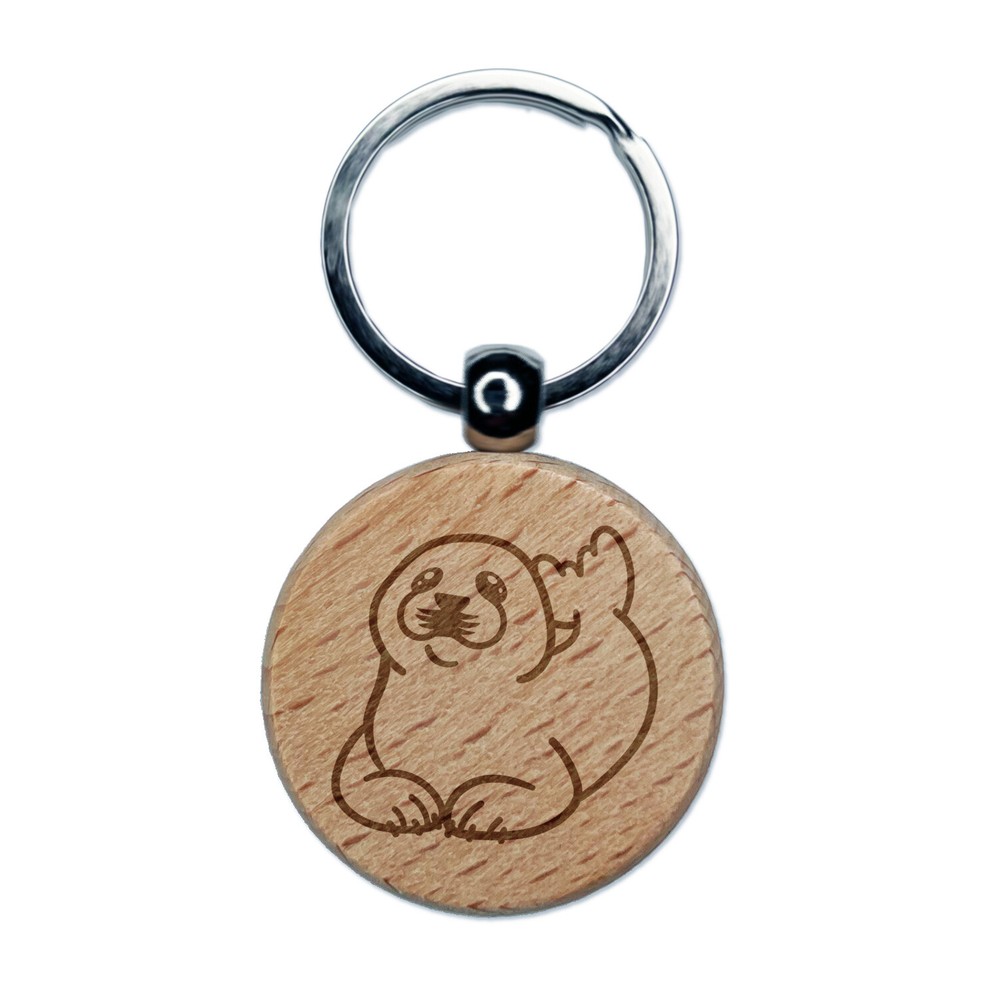 Baby Harp Seal Engraved Wood Round Keychain Tag Charm