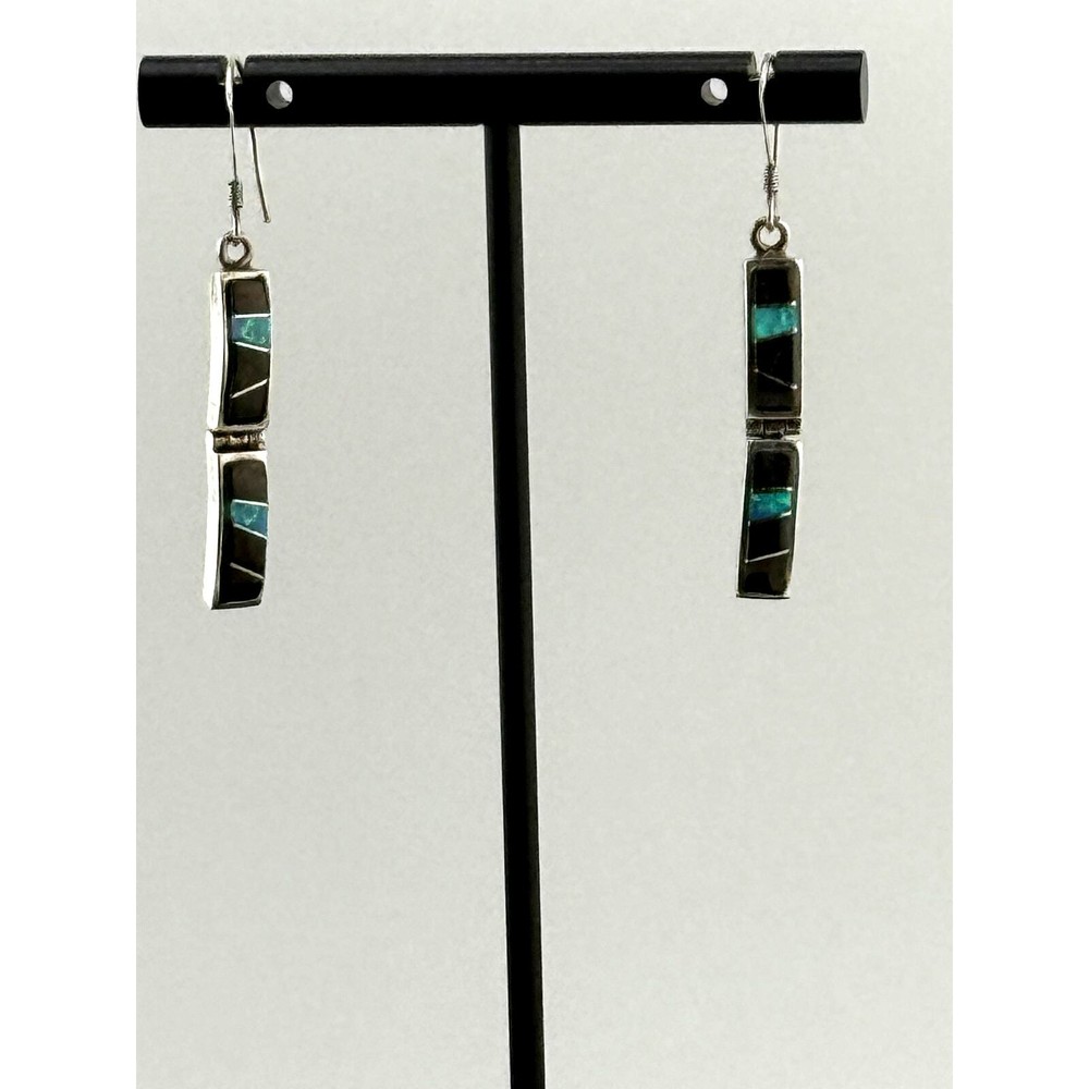 Vintage 925 Sterling Opal Onyx Earrings