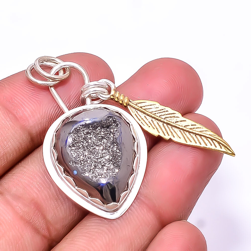 Black Titanium Agate Drusy 925 Sterling Silver Two Tone Pendant 1.95