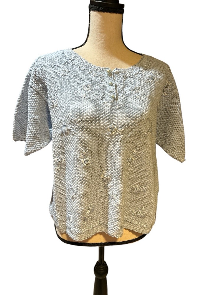 YARNWORKS Pullover Short Sleeve Sweater Faux Pearls Light Blue Sz XL