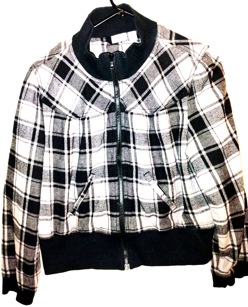 WOMENS CATO BLACK & IVORY PLAID LONG SLEEVE FULL ZIP JACKET COLLAR AND WAIST HUG