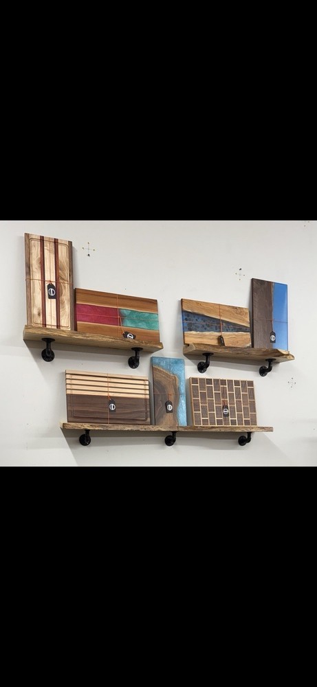 Set of 3 Live Edge Wood Wall Mounted Shelves w/ Black Metal Pipe Brackets