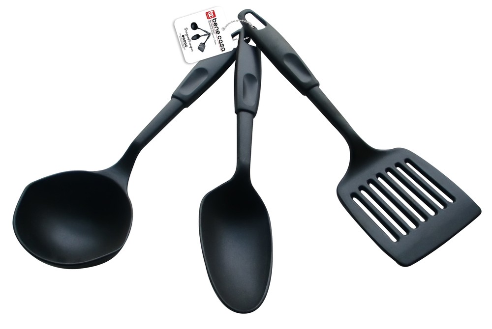 3-piece nylon kitchen utensil set, ladle, spoon, slotted turner, black