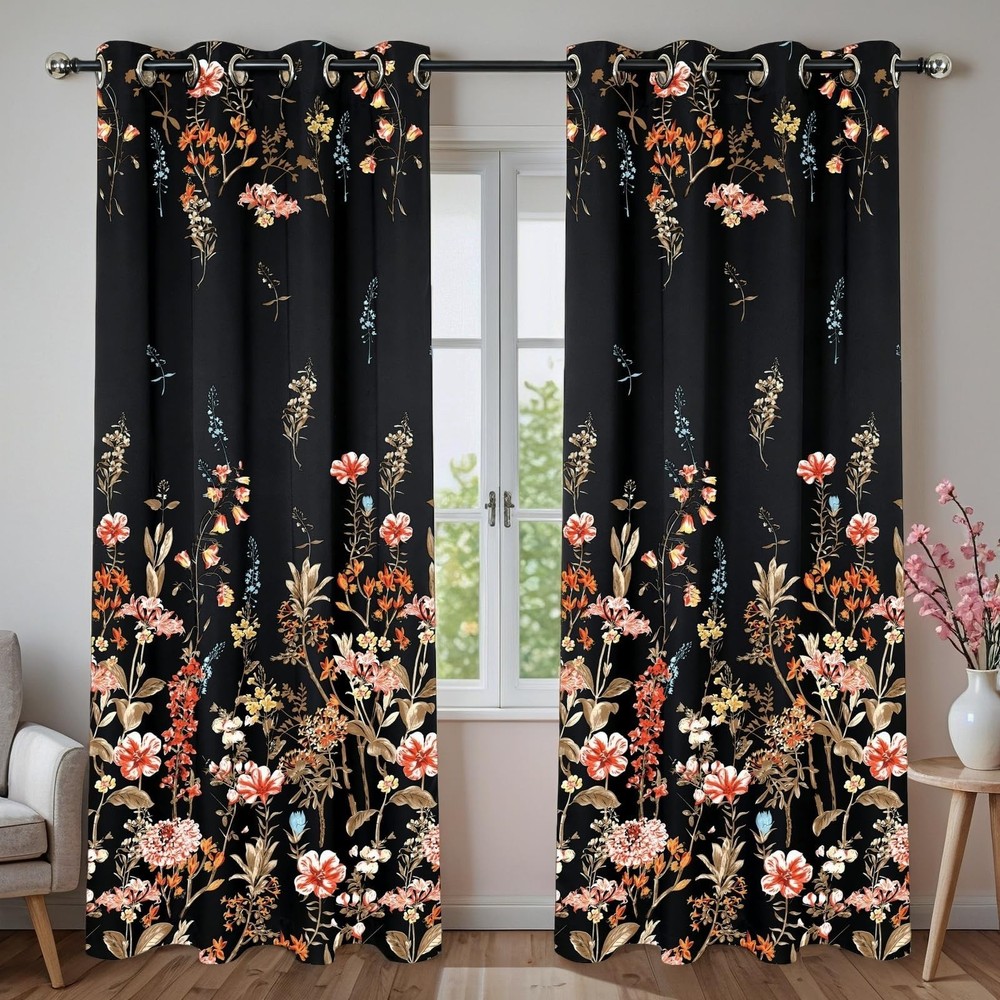 Black Floral Blackout Window Curtains 84 inch Length 2 Panels Set,Full Light ...